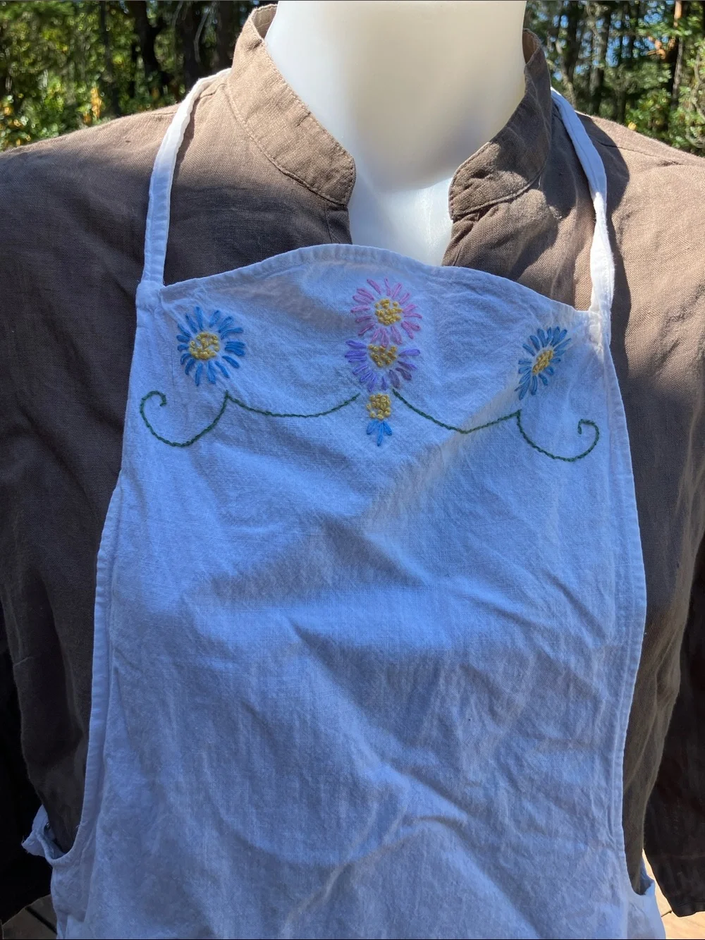 Vintage cotton hand, embroidered apron white with flowers